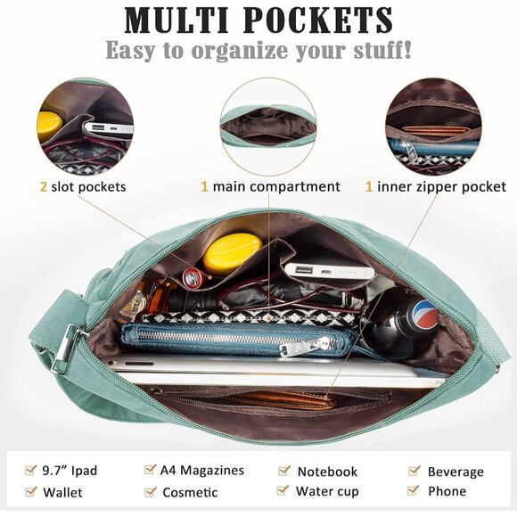 Women Light Green-Nylon Water Resistant Anti Theft Travel Crossbody Shoulder Bag - Picture 4 of 6